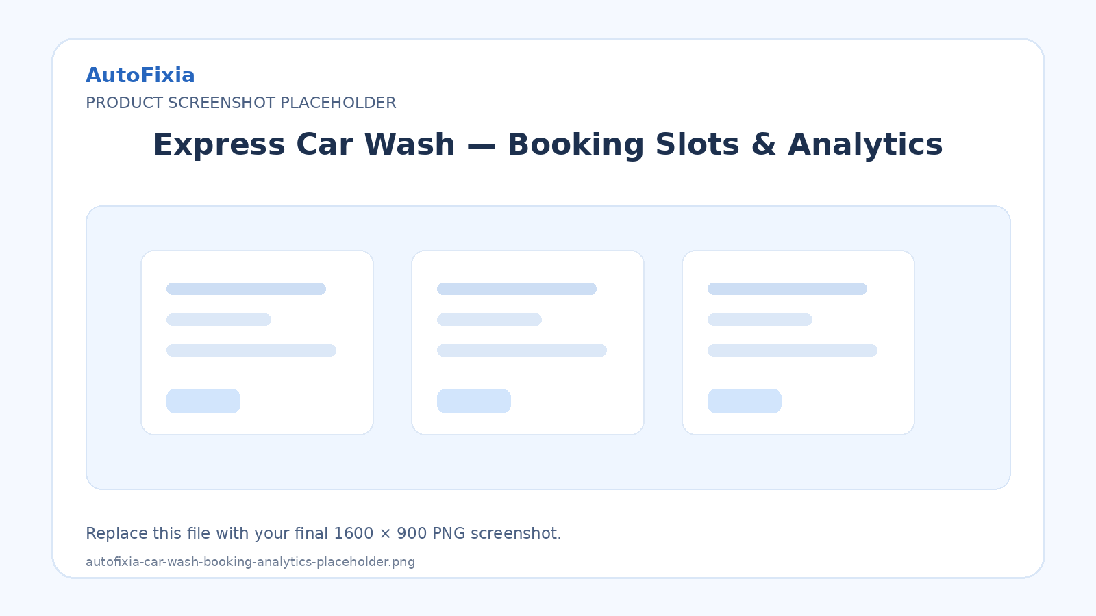 AutoFixia express car wash booking slots and analytics dashboard