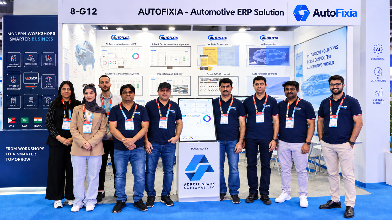 AutoFixia automotive ERP team at an automotive technology exhibition